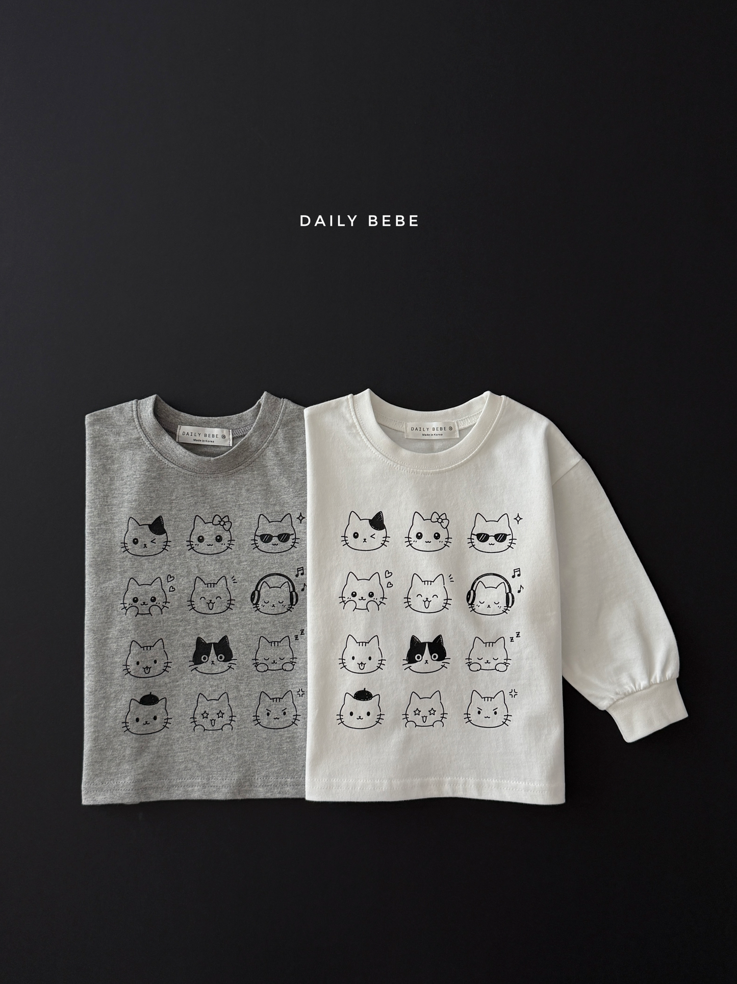 (Pre-order) Daily Bebe Fall - Kids' Cat Emoticon Long-Sleeve Tee 이모티콘T (2 Colors)