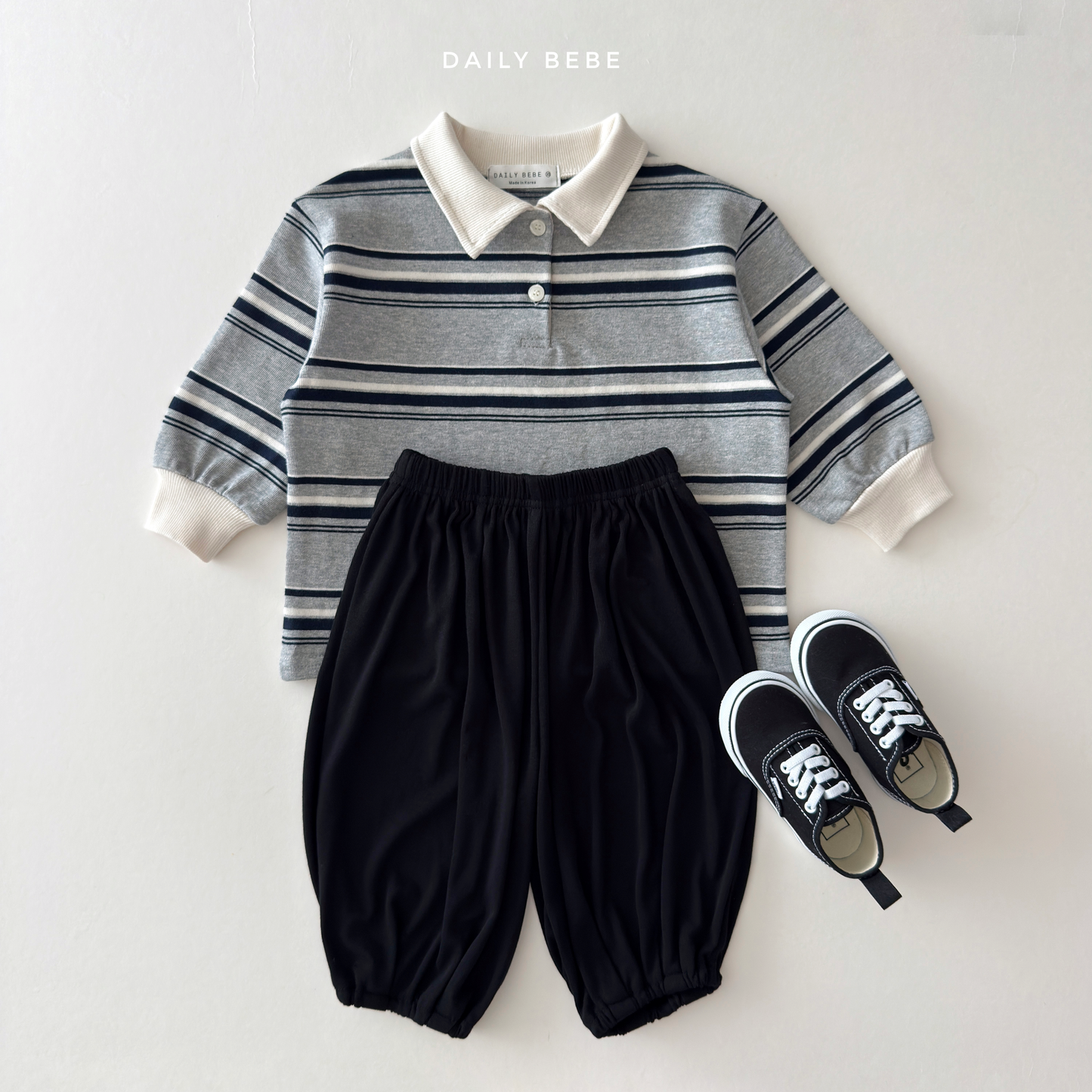 (Pre-order) Daily Bebe Fall - Kids' Striped Rugby Collar Long-Sleeve Polo Tee 밤톨 카라티 (3 Colors)
