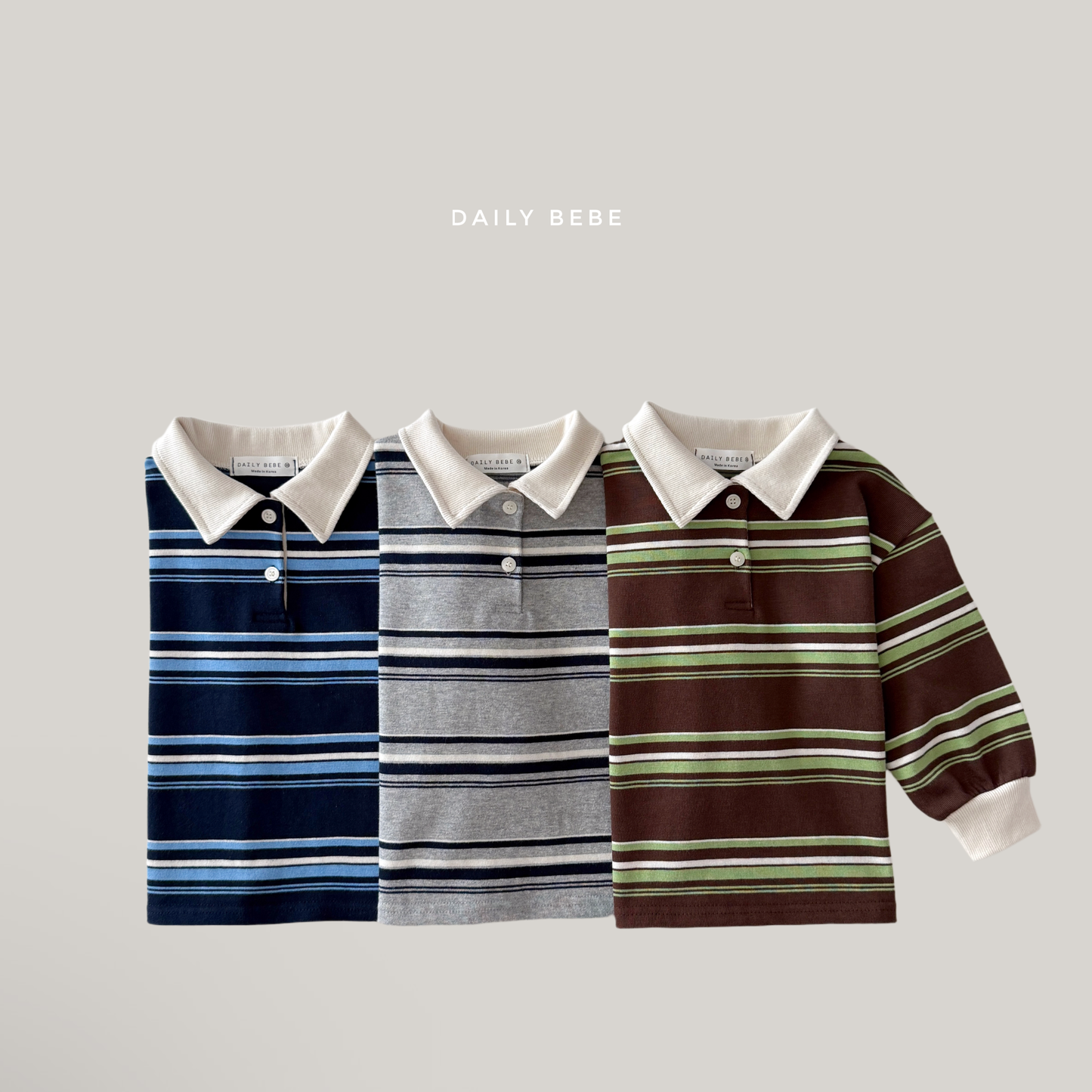 (Pre-order) Daily Bebe Fall - Kids' Striped Rugby Collar Long-Sleeve Polo Tee 밤톨 카라티 (3 Colors)