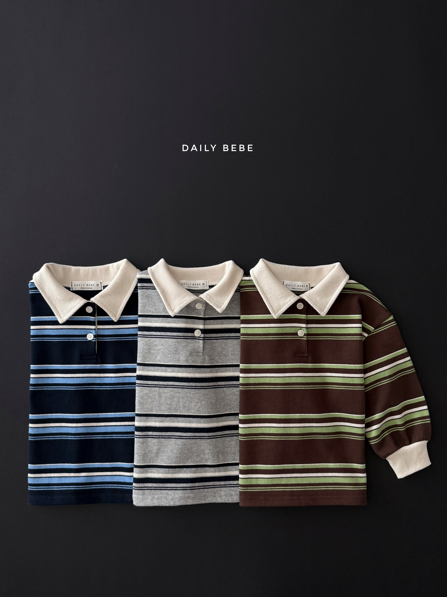 (Pre-order) Daily Bebe Fall - Kids' Striped Rugby Collar Long-Sleeve Polo Tee 밤톨 카라티 (3 Colors)