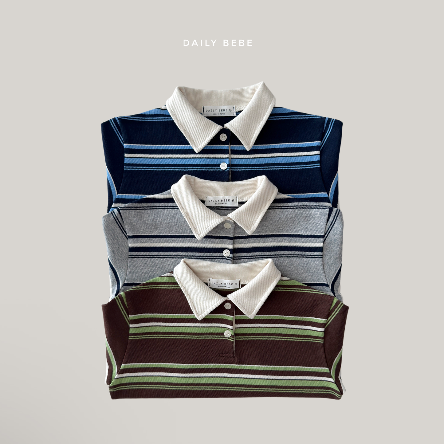 (Pre-order) Daily Bebe Fall - Kids' Striped Rugby Collar Long-Sleeve Polo Tee 밤톨 카라티 (3 Colors)