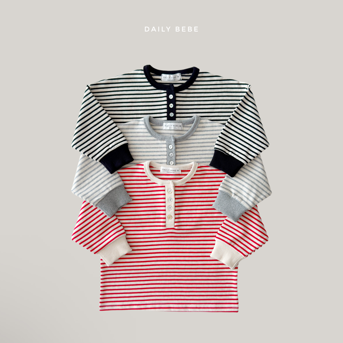 (Pre-order) Daily Bebe Fall - Kids' Contrast Striped Henley Long-Sleeve Tee 단가라헨리넥T (3 Colors)