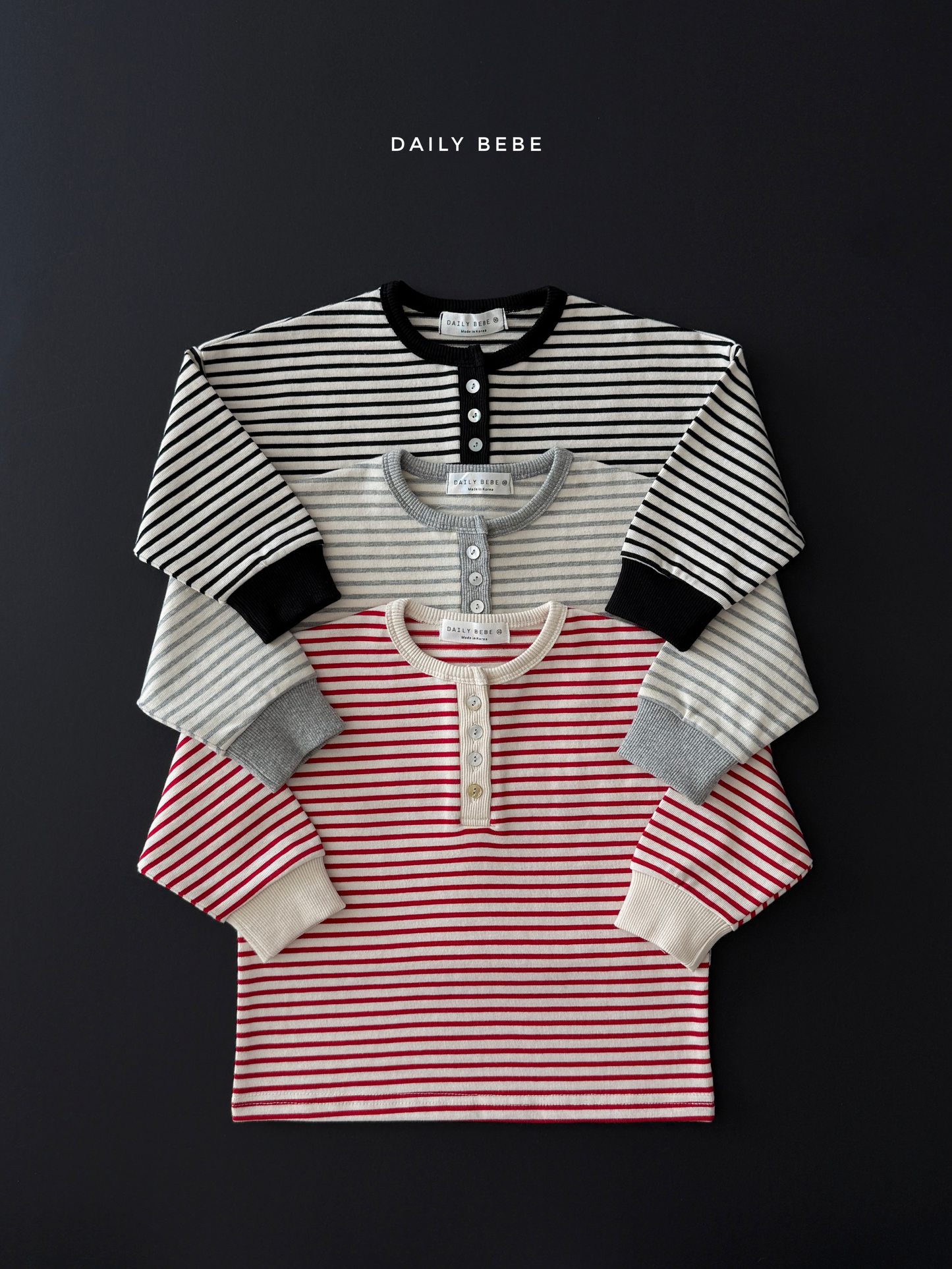 (Pre-order) Daily Bebe Fall - Kids' Contrast Striped Henley Long-Sleeve Tee 단가라헨리넥T (3 Colors)