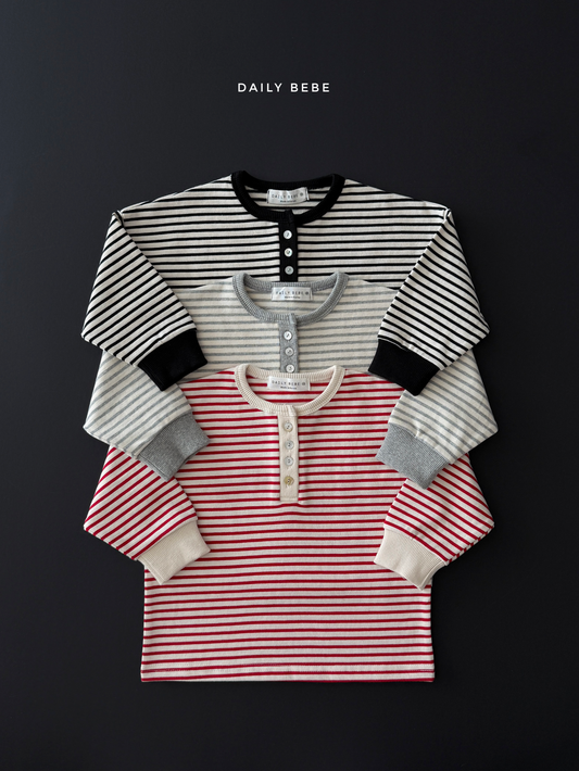 (Pre-order) Daily Bebe Fall - Kids' Contrast Striped Henley Long-Sleeve Tee 단가라헨리넥T (3 Colors)